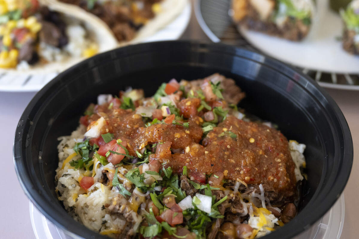 The burrito bowl at Bud’s Buffet in Sacramento on Tuesday, June 23, 2026. Bud’s Buffet serves halal Mexican food in an assembly line similar to Chipotle.